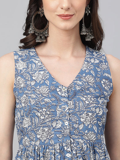 Janasya Women's Blue Cotton Floral Printed Casual Flared Kurta