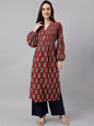 Janasya Women's Maroon Cotton Floral Printed Casual Flared Kurta