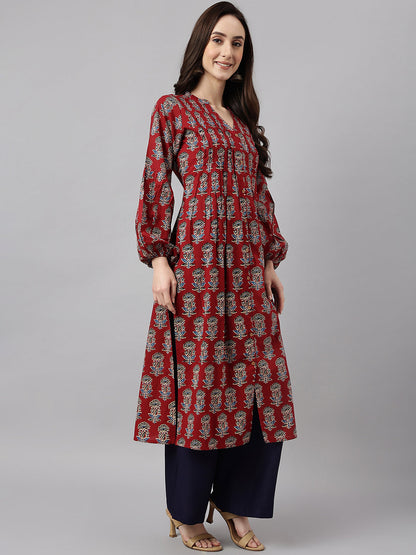 Janasya Women's Maroon Cotton Floral Printed Casual Flared Kurta