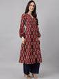 Janasya Women's Maroon Cotton Floral Printed Casual Flared Kurta