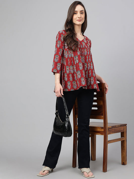 Janasya Women's Maroon Cotton Floral Block Print Flared Top