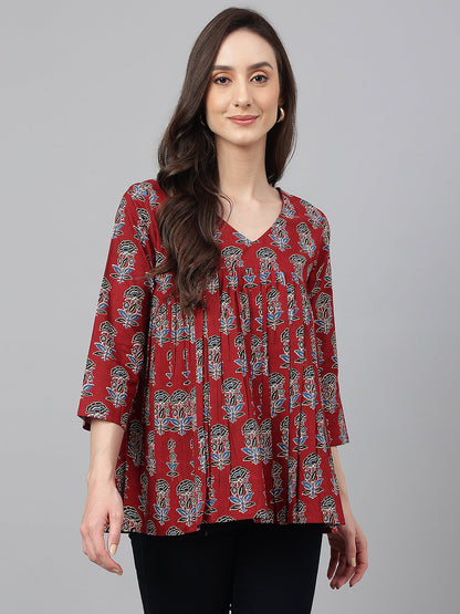 Janasya Women's Maroon Cotton Floral Block Print Flared Top