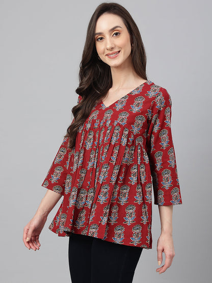Janasya Women's Maroon Cotton Floral Block Print Flared Top