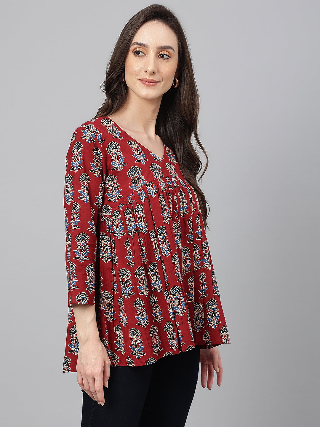 Janasya Women's Maroon Cotton Floral Block Print Flared Top