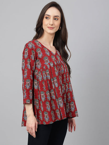 Janasya Women's Maroon Cotton Floral Block Print Flared Top