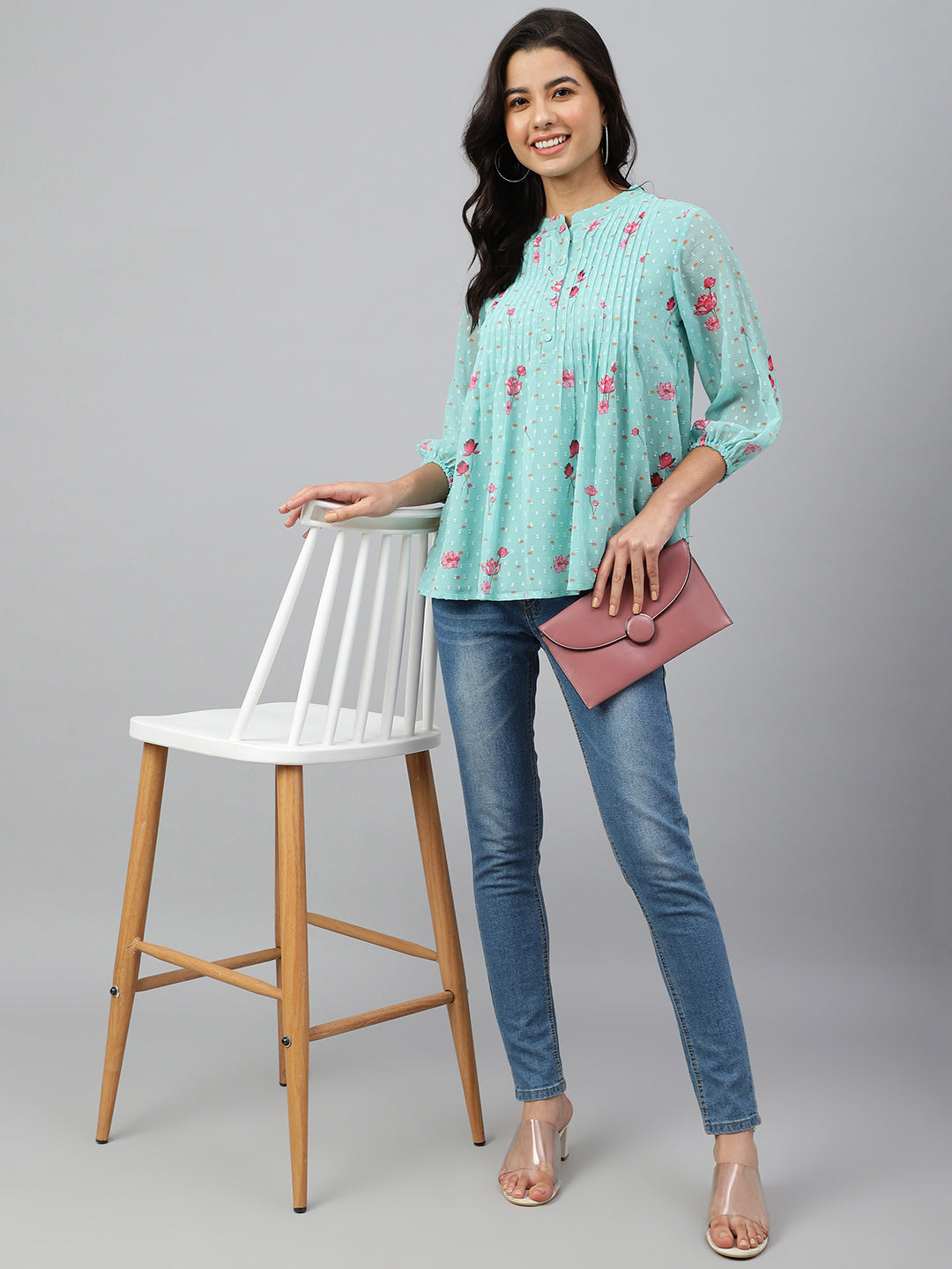 Janasya Women's Sea Green Dobby Georgette Floral Print Flared Top