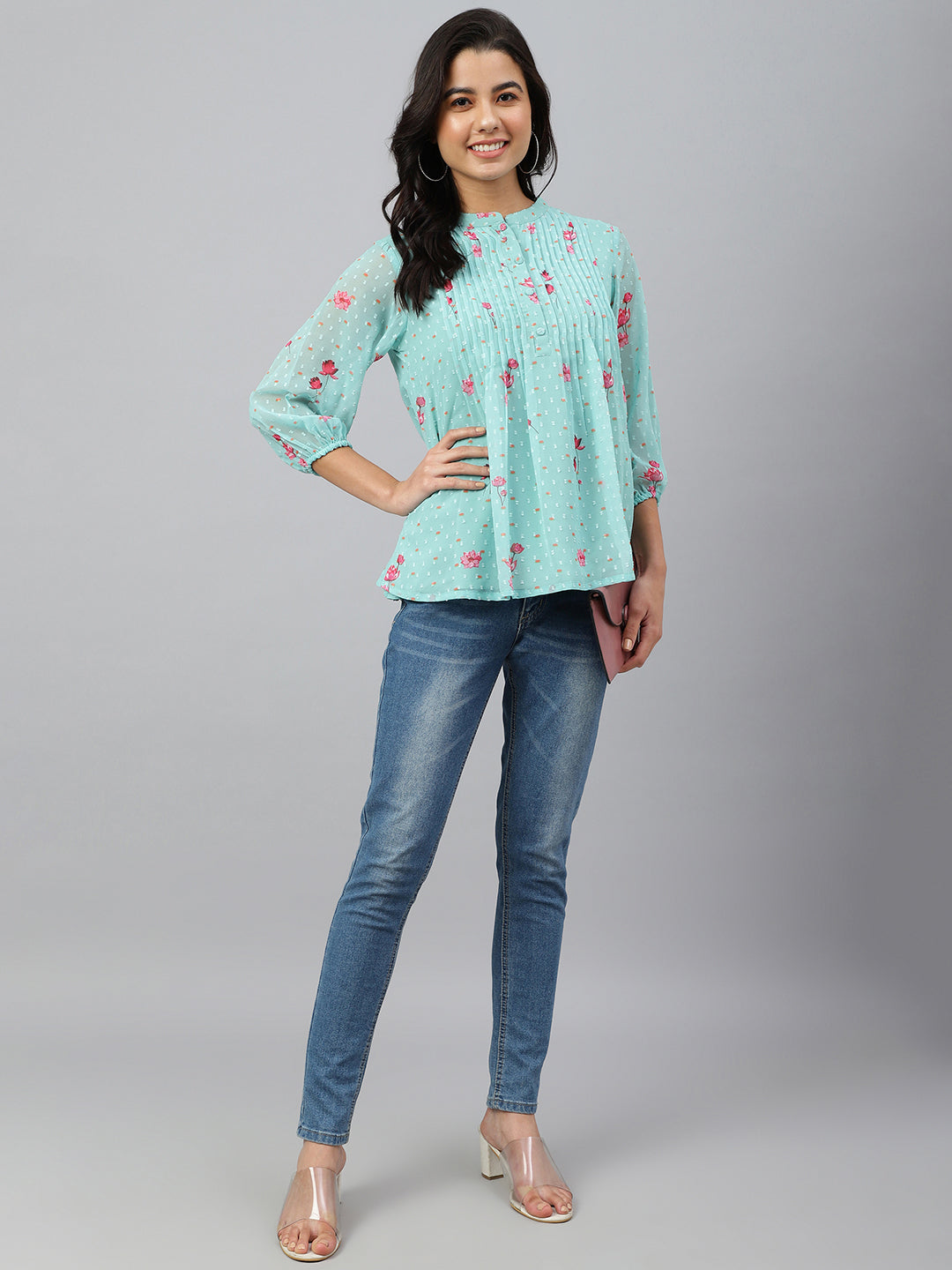 Janasya Women's Sea Green Dobby Georgette Floral Print Flared Top