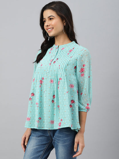 Janasya Women's Sea Green Dobby Georgette Floral Print Flared Top