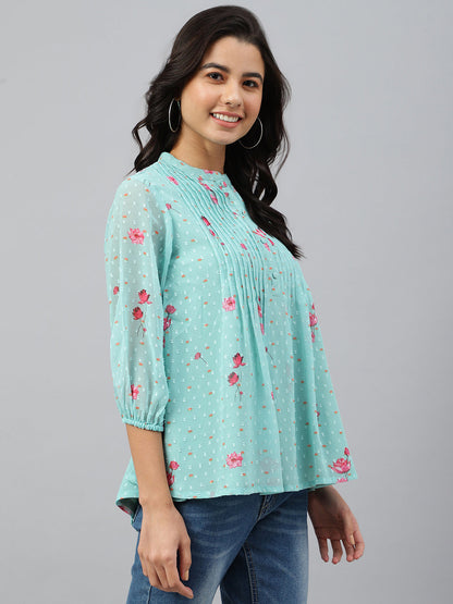 Janasya Women's Sea Green Dobby Georgette Floral Print Flared Top