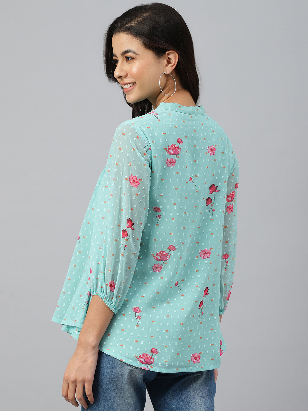 Janasya Women's Sea Green Dobby Georgette Floral Print Flared Top