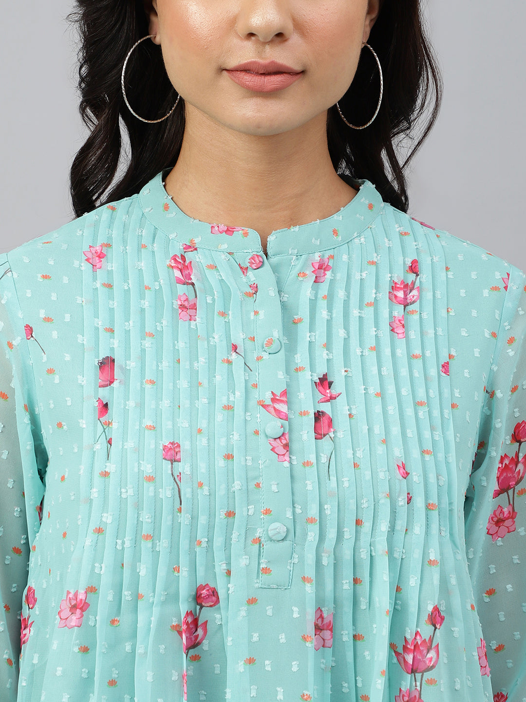 Janasya Women's Sea Green Dobby Georgette Floral Print Flared Top