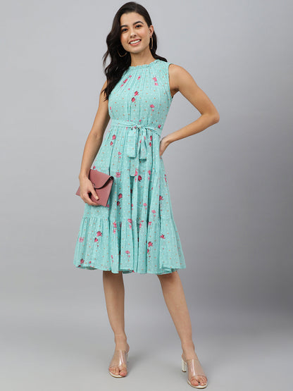 Janasya Women's Sea Green Dobby Georgette Floral Printed Tiered Western Dress
