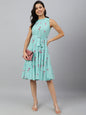 Janasya Women's Sea Green Dobby Georgette Floral Printed Tiered Western Dress