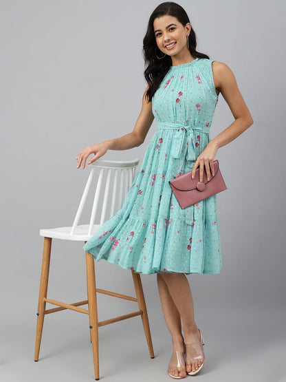 Janasya Women's Sea Green Dobby Georgette Floral Printed Tiered Western Dress