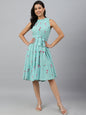 Janasya Women's Sea Green Dobby Georgette Floral Printed Tiered Western Dress