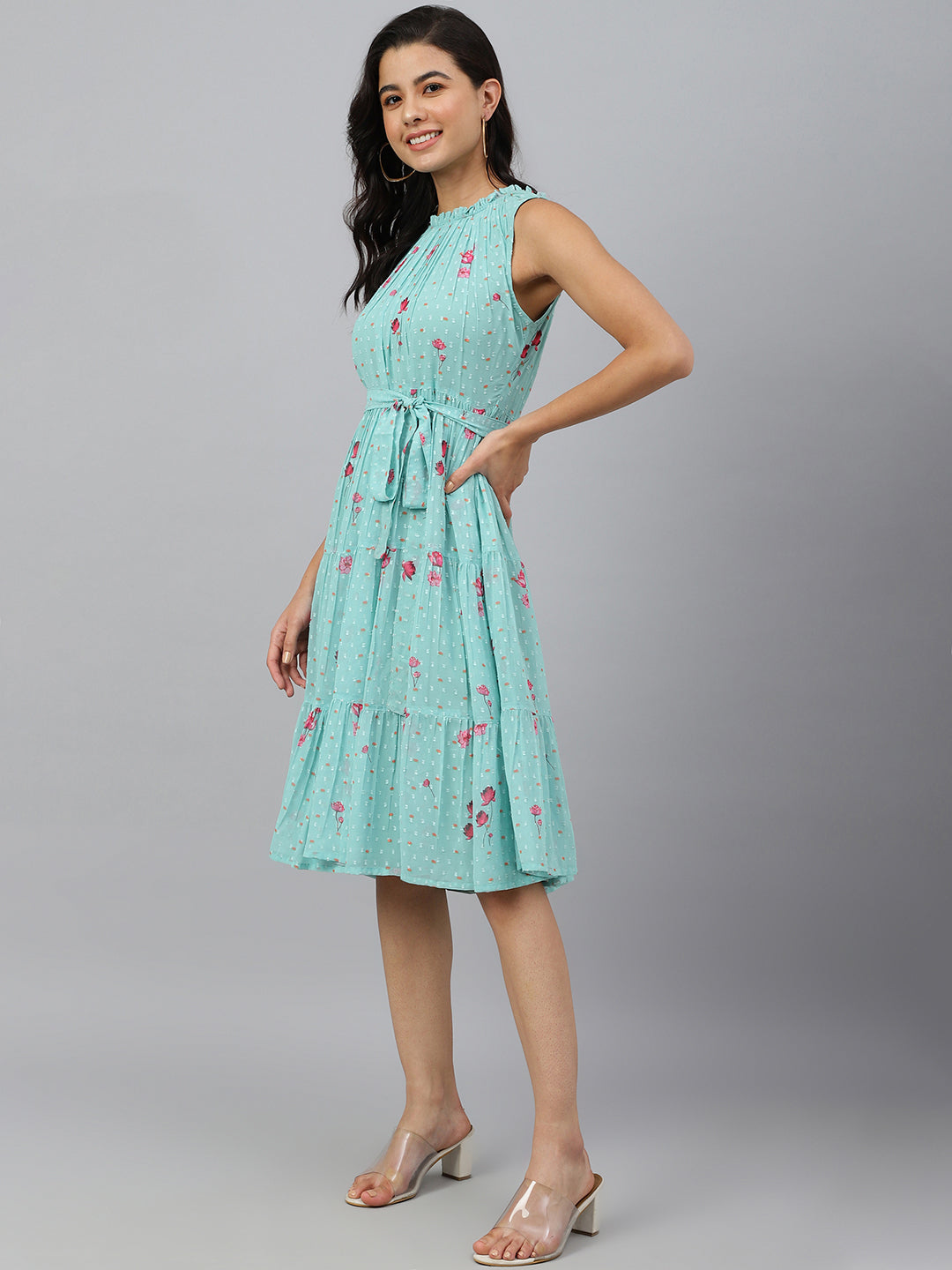 Janasya Women's Sea Green Dobby Georgette Floral Printed Tiered Western Dress