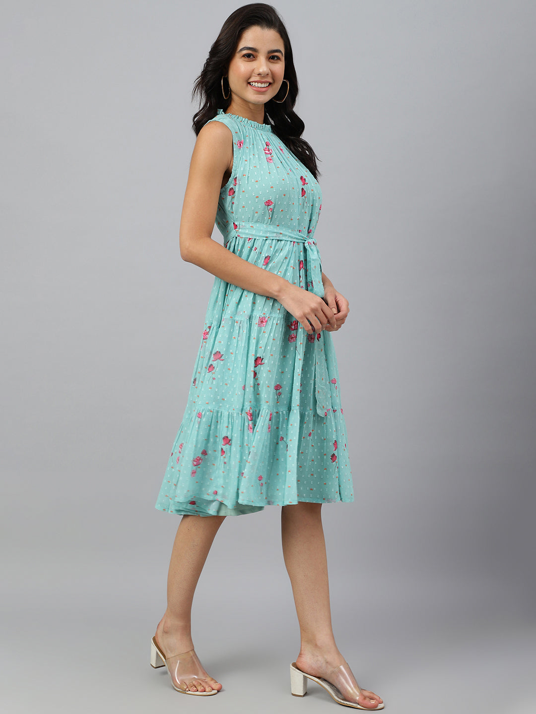 Janasya Women's Sea Green Dobby Georgette Floral Printed Tiered Western Dress