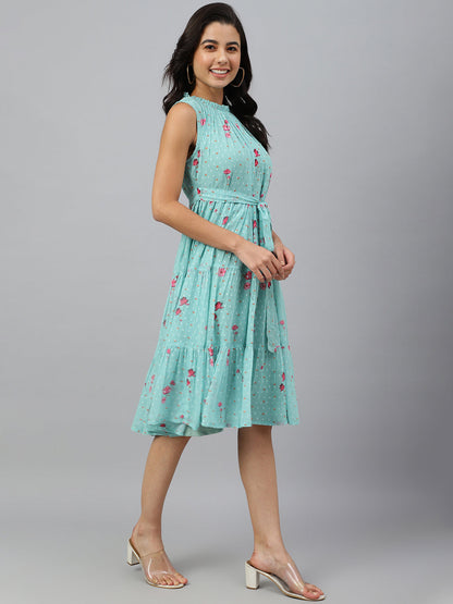 Janasya Women's Sea Green Dobby Georgette Floral Printed Tiered Western Dress