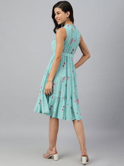 Janasya Women's Sea Green Dobby Georgette Floral Printed Tiered Western Dress