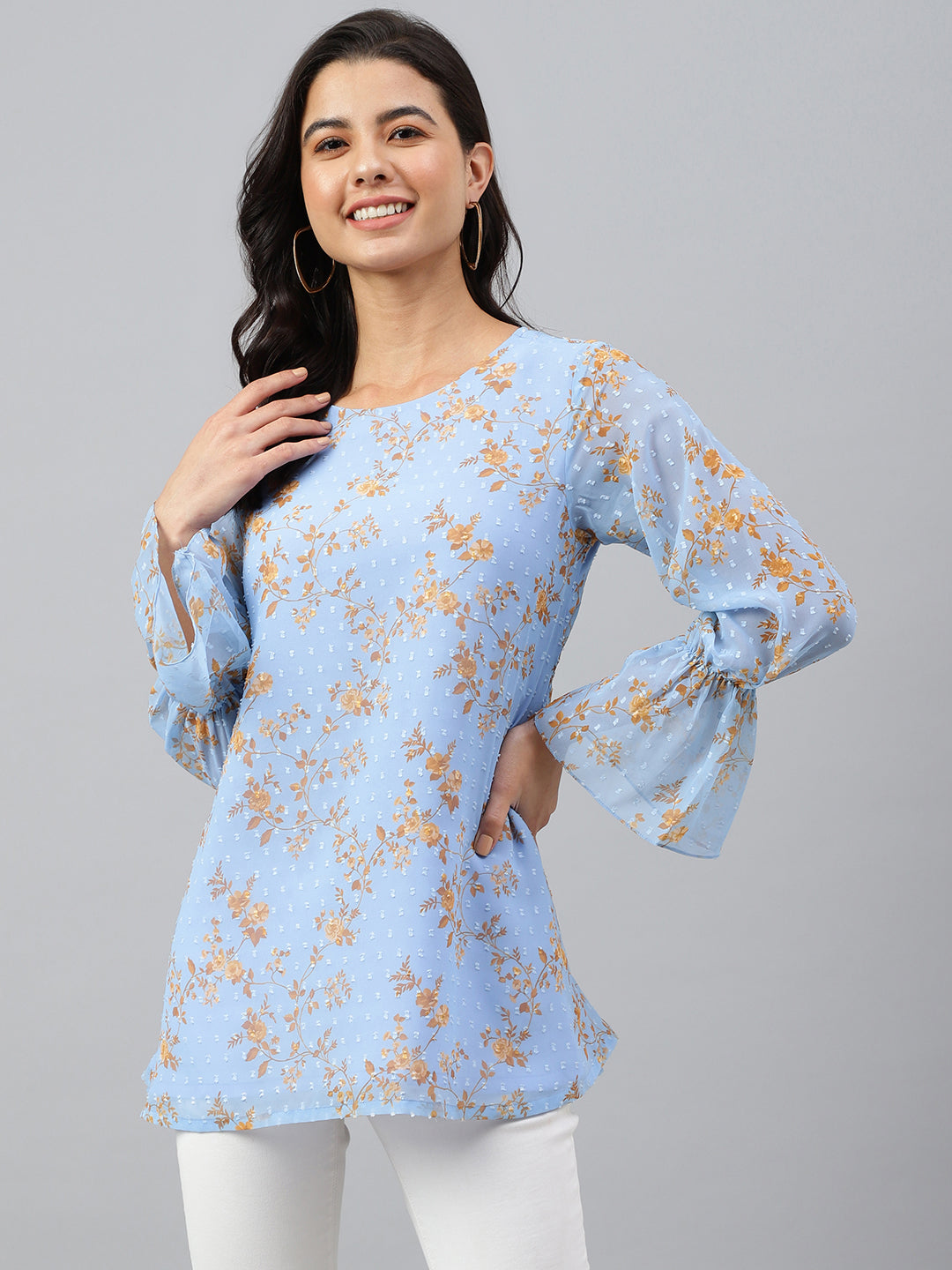 Janasya Women's Sky Blue Dobby Georgette Digital Print A-Line Top