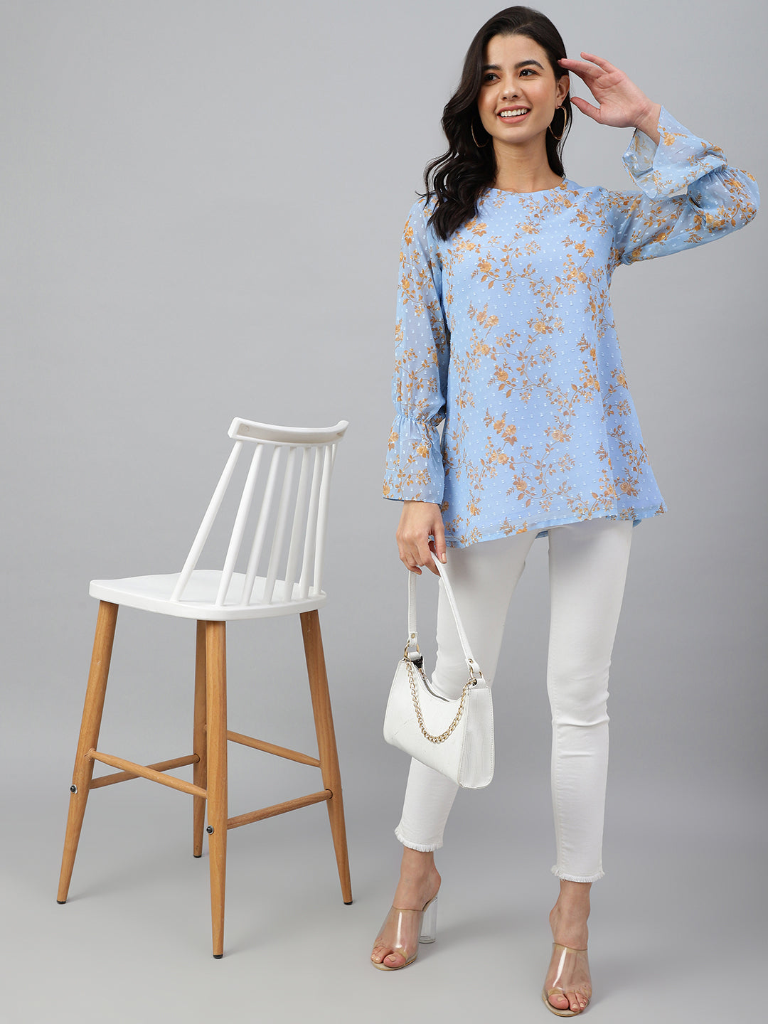 Janasya Women's Sky Blue Dobby Georgette Digital Print A-Line Top