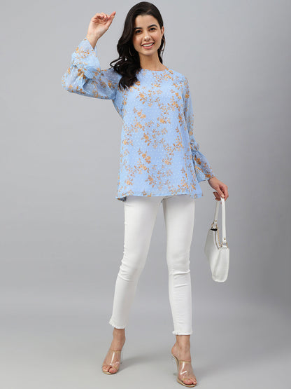 Janasya Women's Sky Blue Dobby Georgette Digital Print A-Line Top