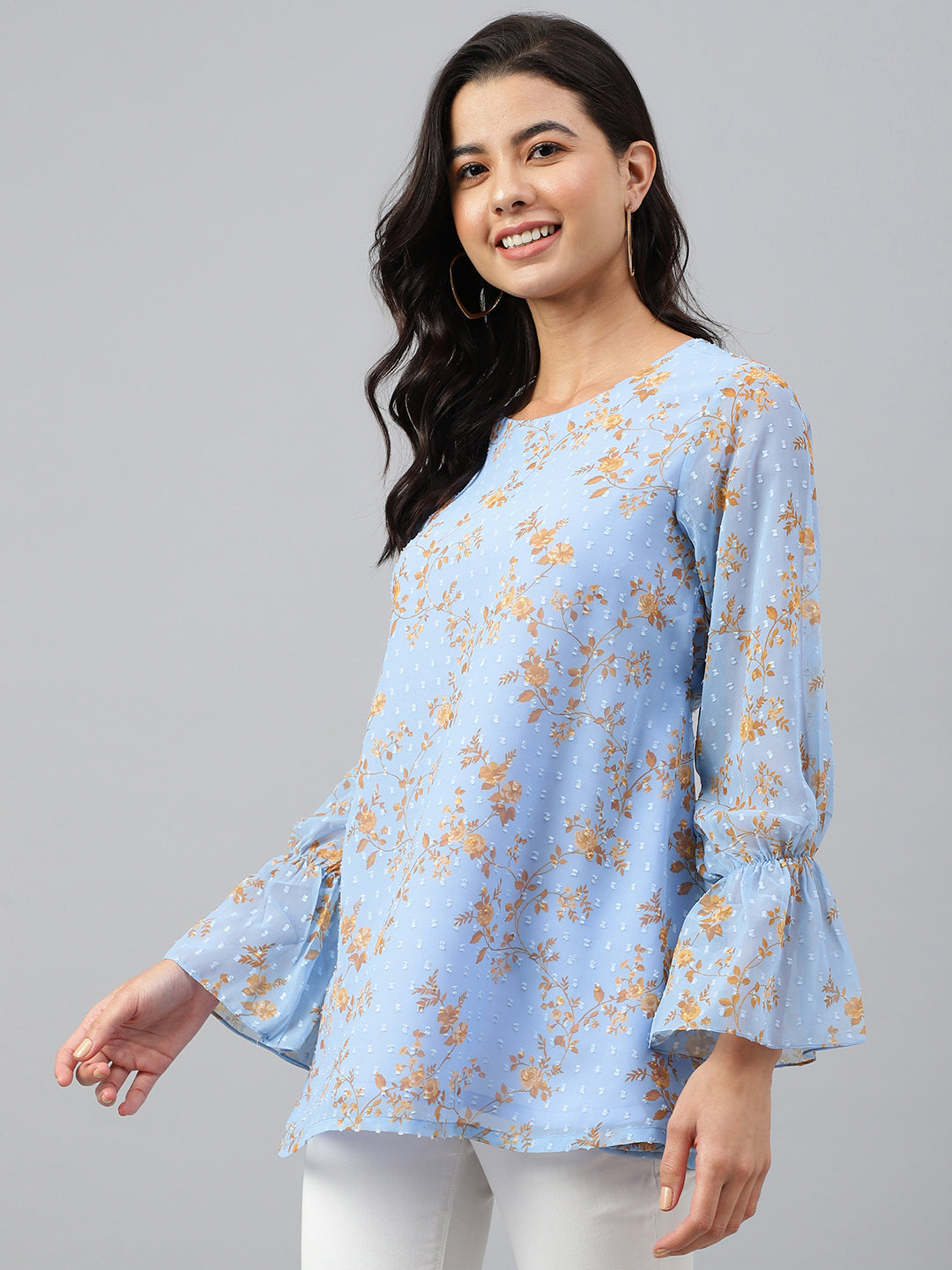 Janasya Women's Sky Blue Dobby Georgette Digital Print A-Line Top