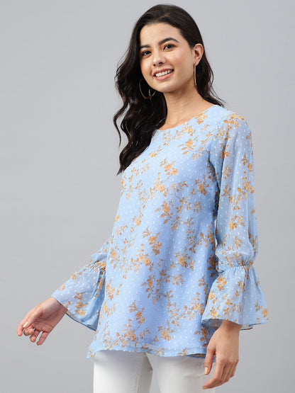 Janasya Women's Sky Blue Dobby Georgette Digital Print A-Line Top