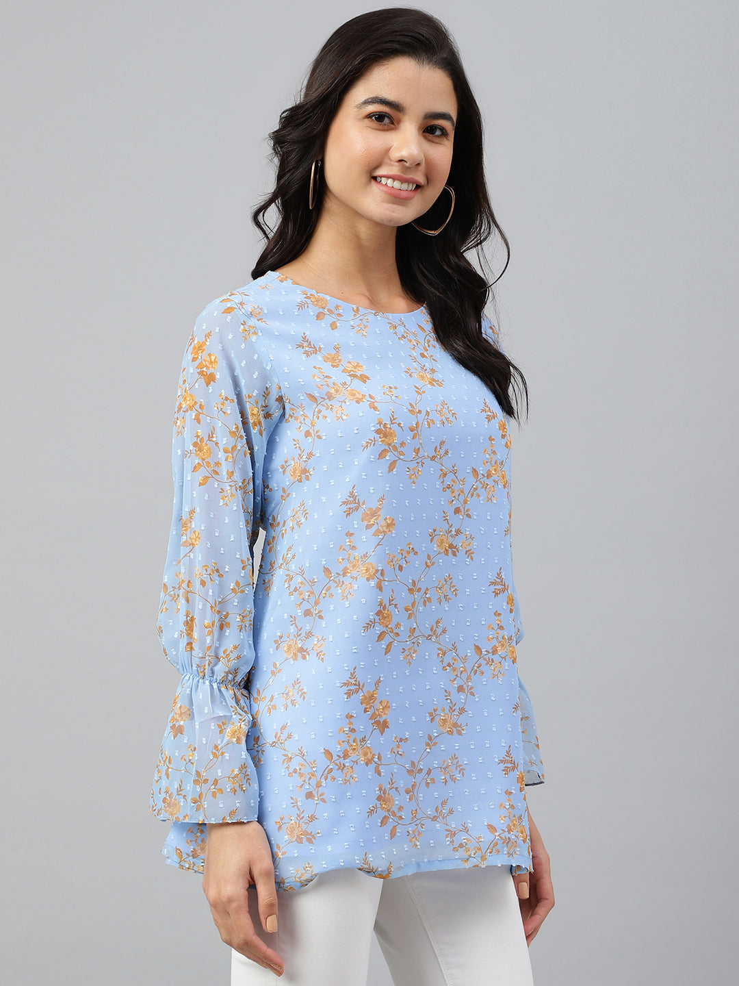 Janasya Women's Sky Blue Dobby Georgette Digital Print A-Line Top