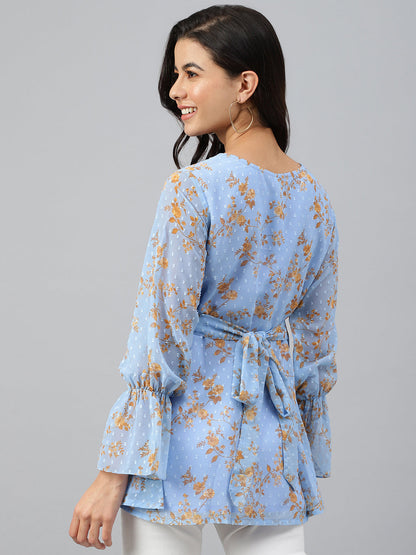 Janasya Women's Sky Blue Dobby Georgette Digital Print A-Line Top