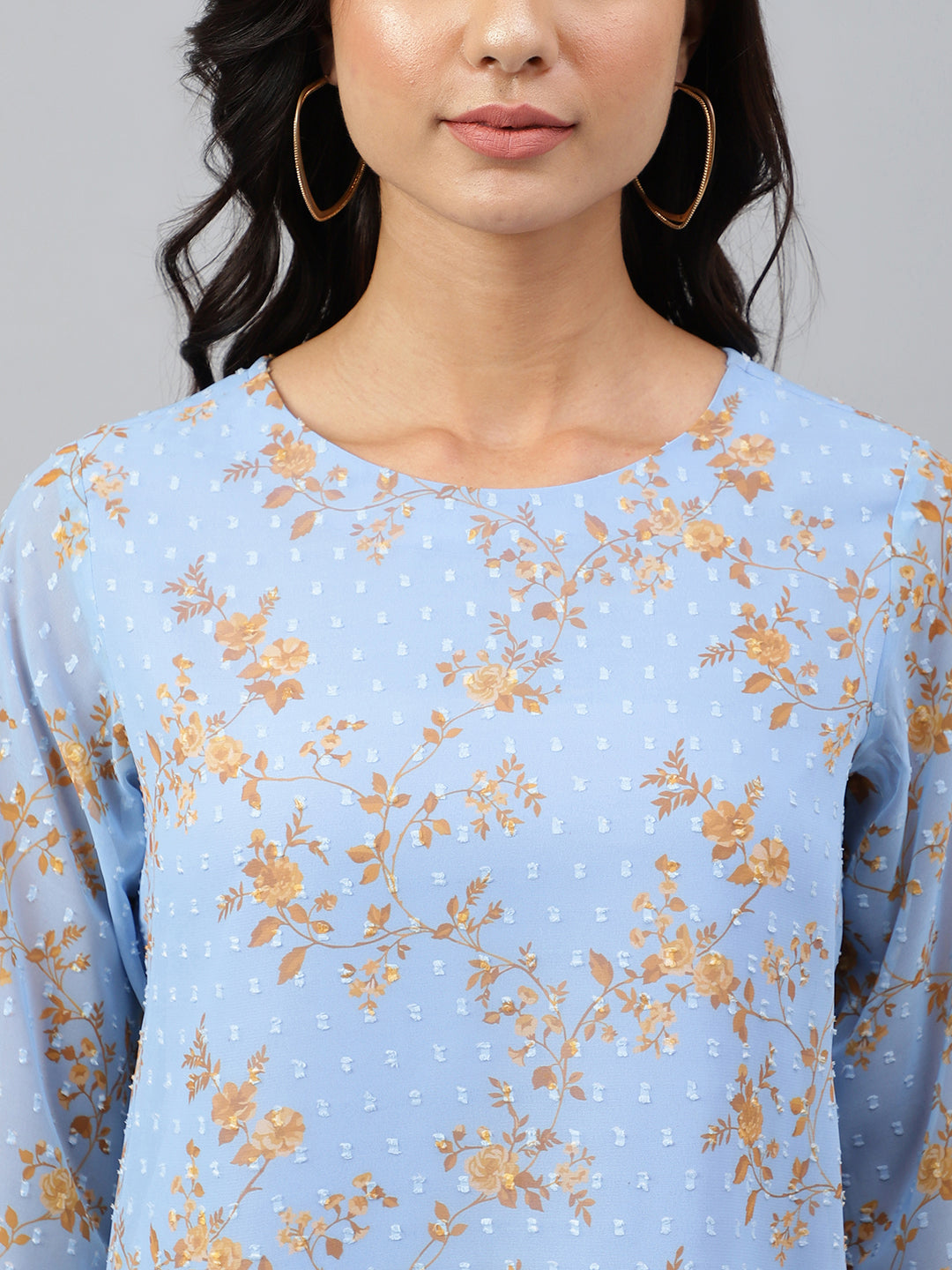 Janasya Women's Sky Blue Dobby Georgette Digital Print A-Line Top