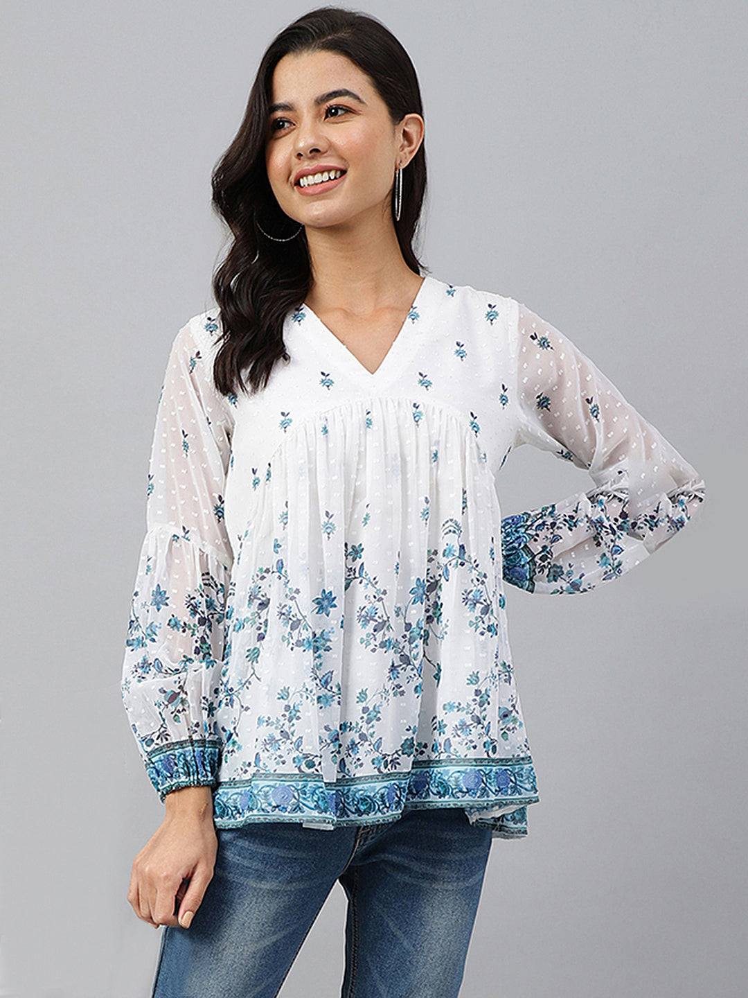 Janasya Women's White Georgette Digital Print Flared Top