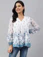 Janasya Women's White Georgette Digital Print Flared Top