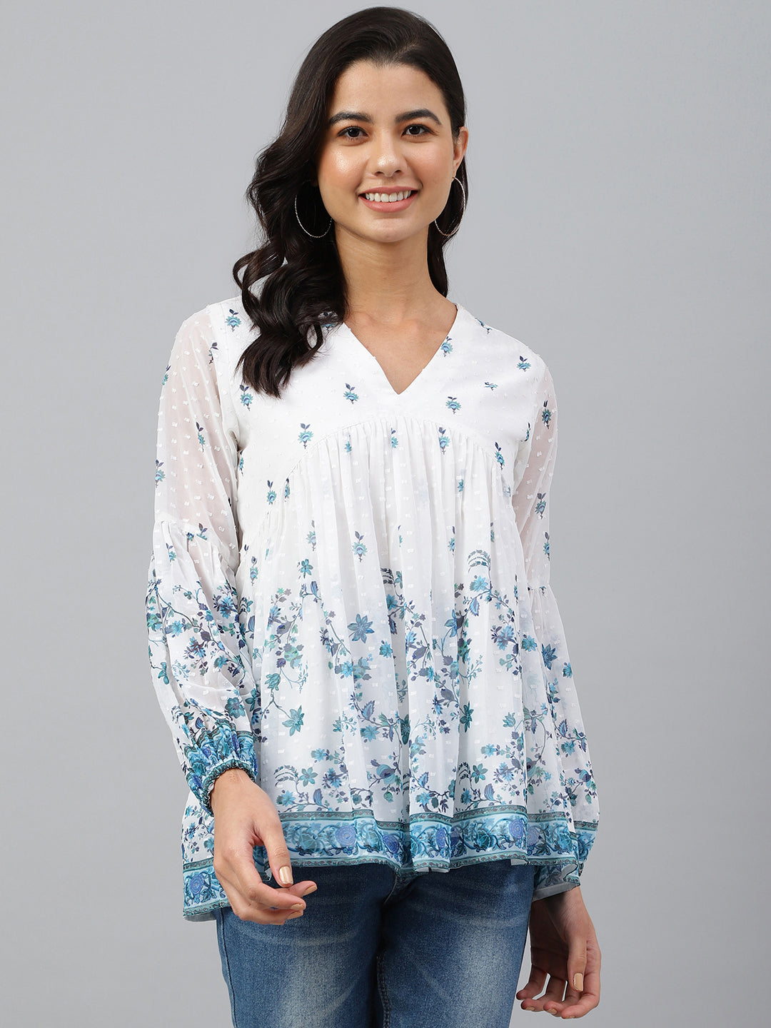 Janasya Women's White Georgette Digital Print Flared Top