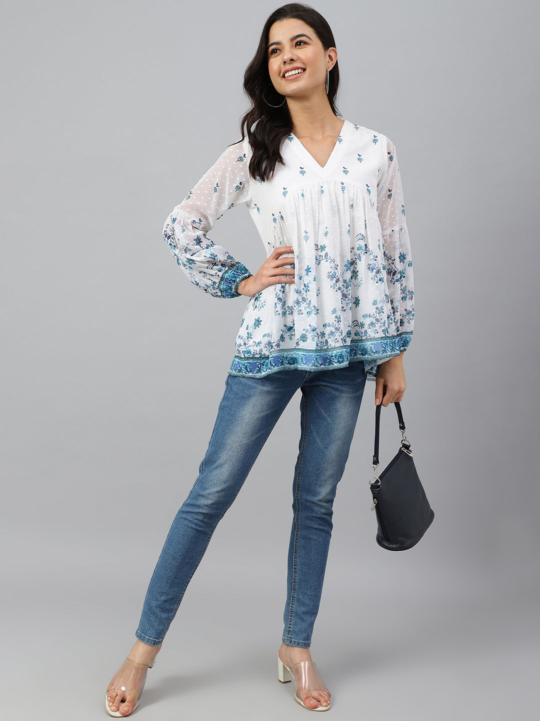 Janasya Women's White Georgette Digital Print Flared Top