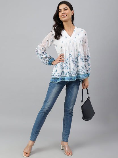 Janasya Women's White Georgette Digital Print Flared Top