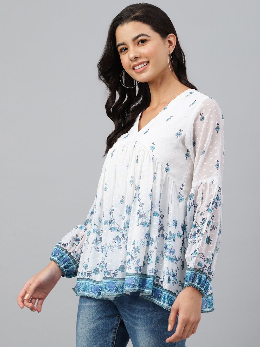 Janasya Women's White Georgette Digital Print Flared Top