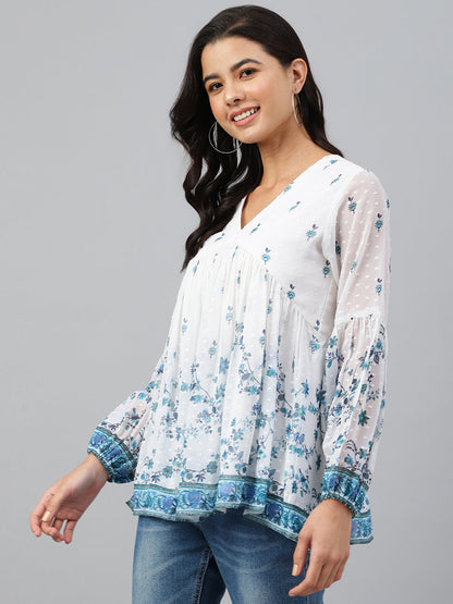 Janasya Women's White Georgette Digital Print Flared Top