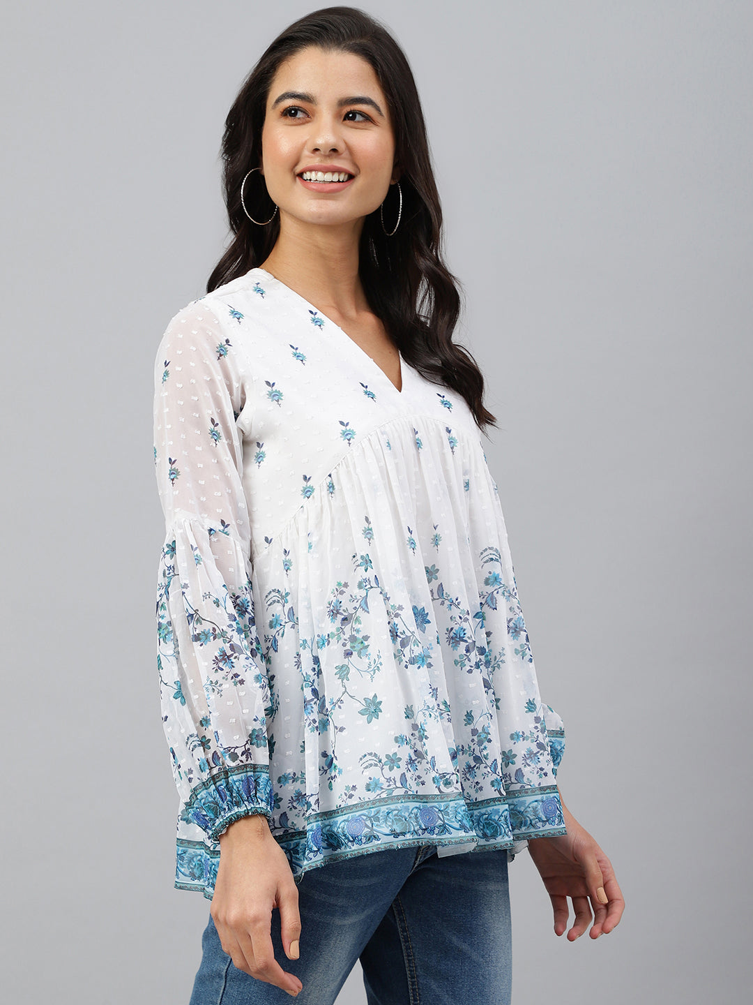 Janasya Women's White Georgette Digital Print Flared Top