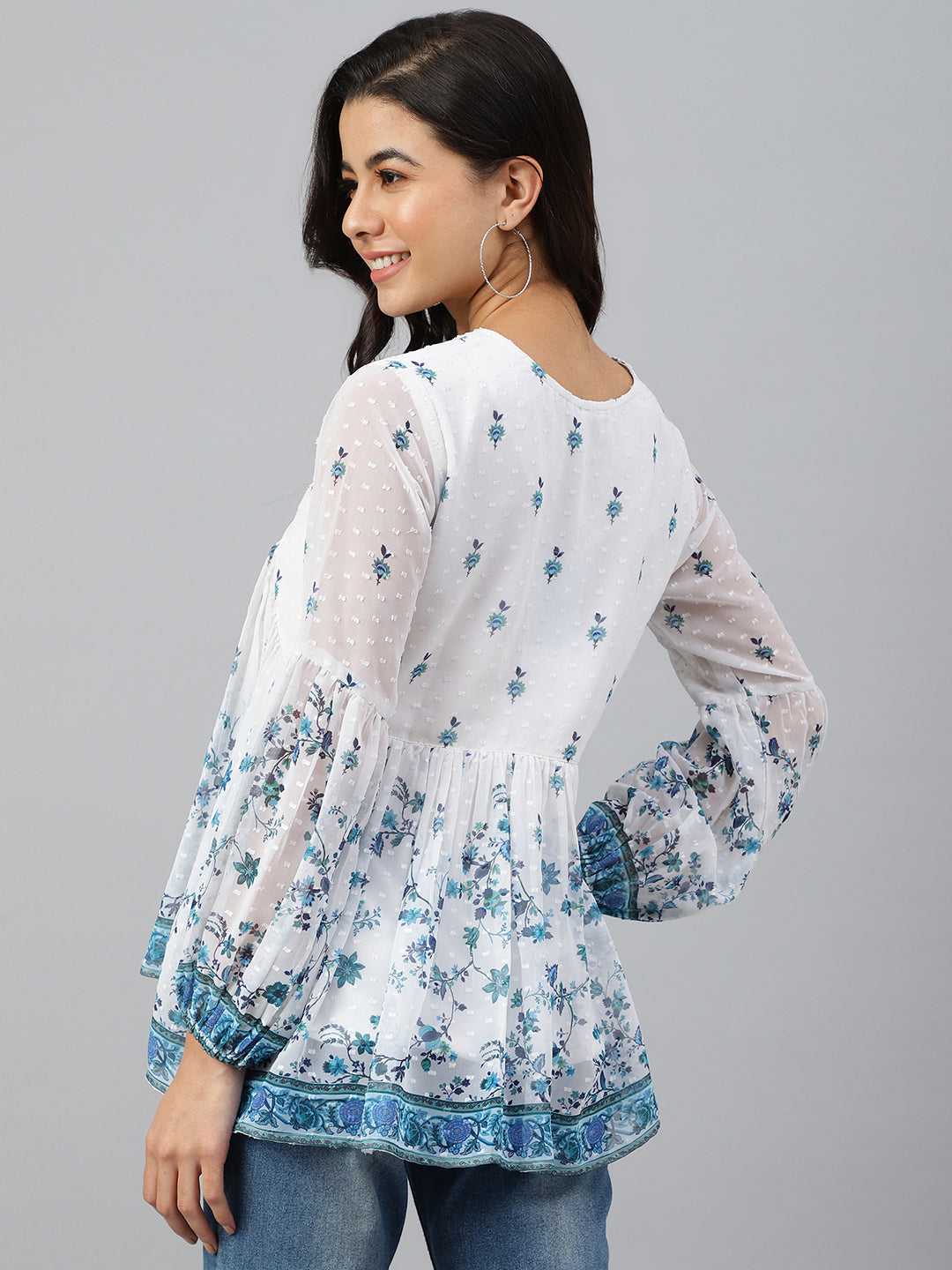 Janasya Women's White Georgette Digital Print Flared Top