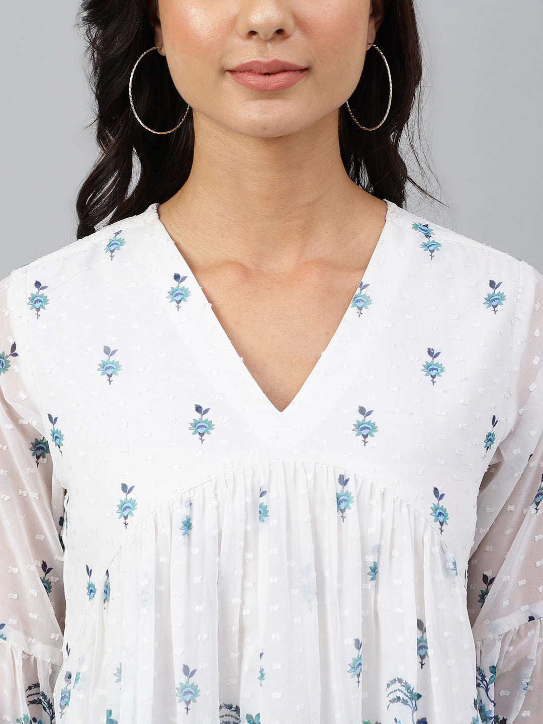 Janasya Women's White Georgette Digital Print Flared Top