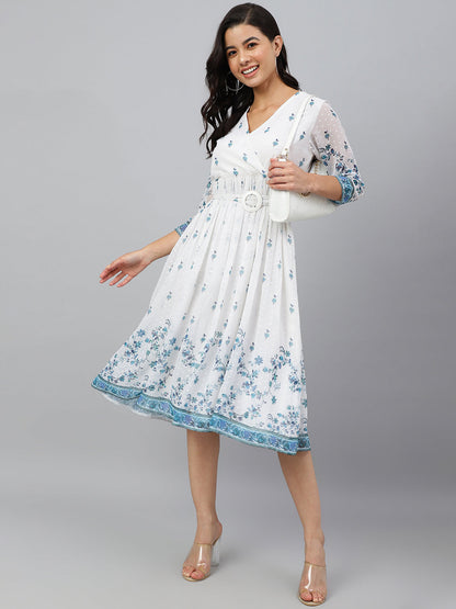 Janasya Women's White Georgette Digital Printed Flared Western Dress