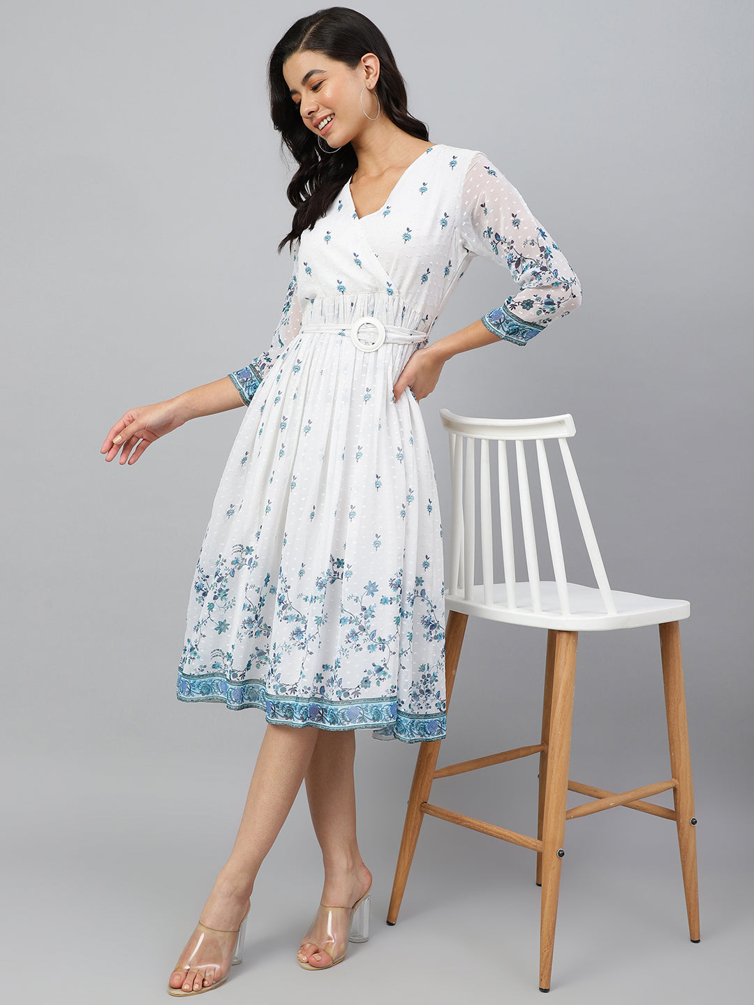 Janasya Women's White Georgette Digital Printed Flared Western Dress