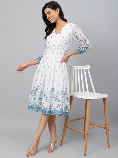 Janasya Women's White Georgette Digital Printed Flared Western Dress