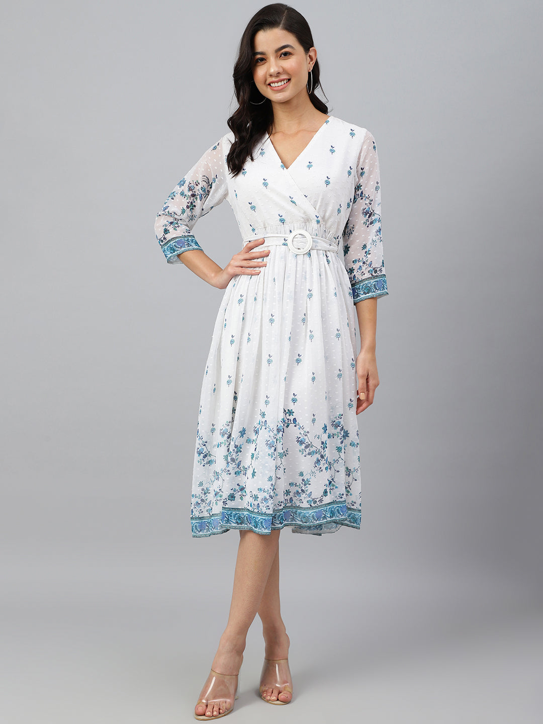 Janasya Women's White Georgette Digital Printed Flared Western Dress