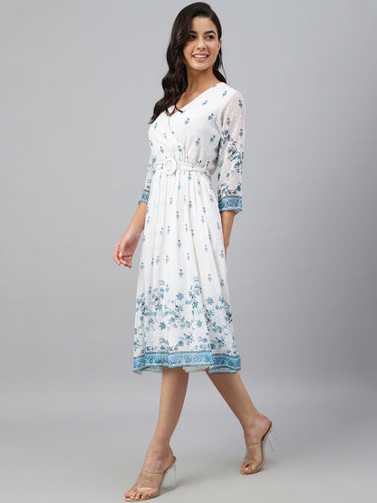 Janasya Women's White Georgette Digital Printed Flared Western Dress