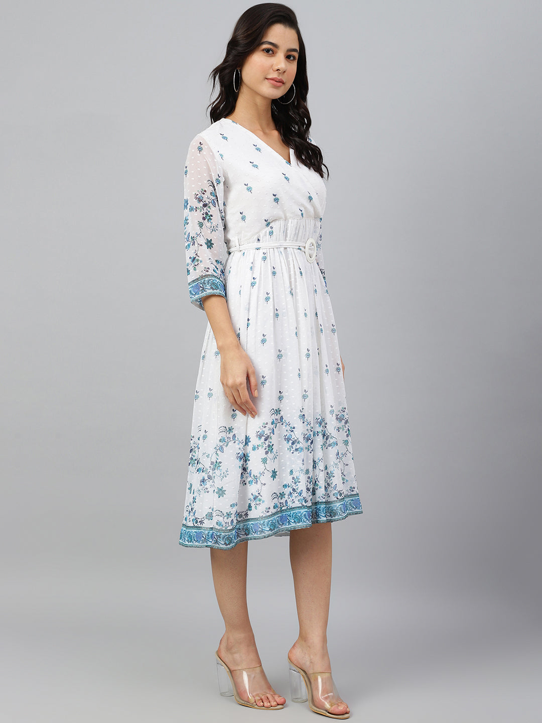 Janasya Women's White Georgette Digital Printed Flared Western Dress