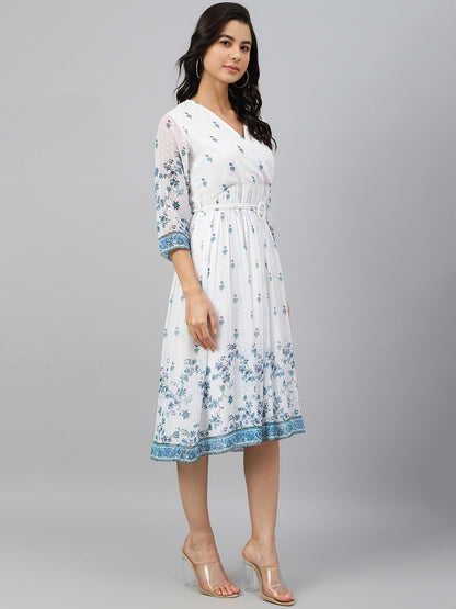 Janasya Women's White Georgette Digital Printed Flared Western Dress