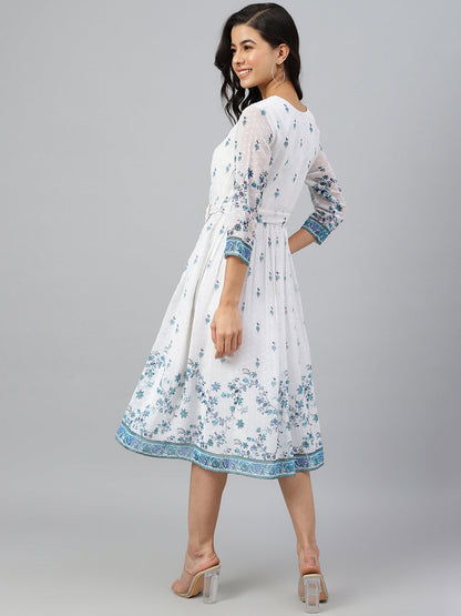 Janasya Women's White Georgette Digital Printed Flared Western Dress