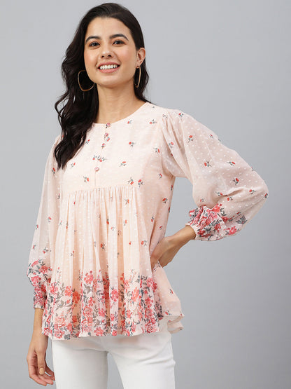 Janasya Women's Peach Georgette Floral Print Flared Top